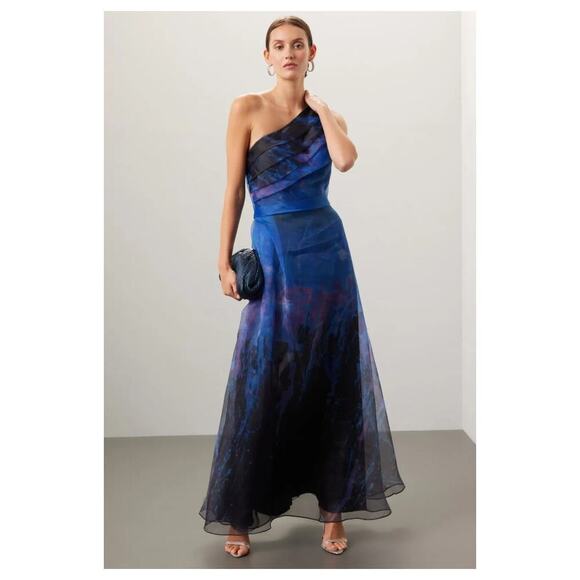 Rene Ruiz Collection Blue Organza Gown One Shoulder Pleated Formal Wedding Sz 14 - Picture 1 of 8